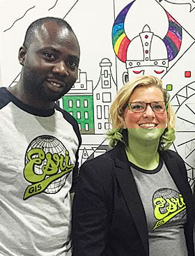 Paul Ajayi and Jessica Leonard students model their Esri T-shirts Paul Ajayi and Jessica Leonard students model their Esri T-shirts