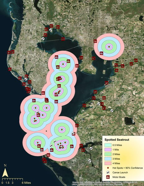 A map of fishing hot spots in Tampa Bay, FL