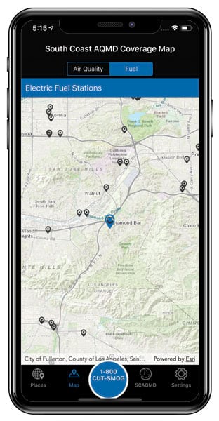 An iPhone shows a map of alternative fuel stations in Diamond Bar, CA