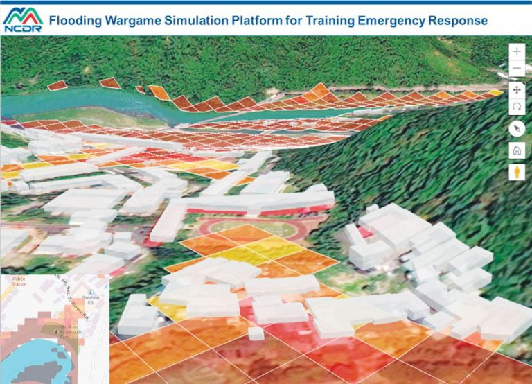 A 3D map showing where buildings and flood-prone areas intersect A 3D map showing where buildings and flood-prone areas intersect