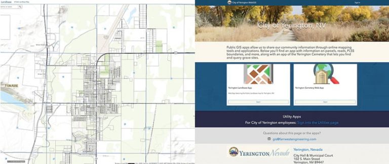 Two screenshots, one of a map and one of an Enterprise Sites website for the City of Yerington