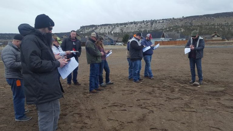 A group of people standing in a field holding phones and pieces of paper