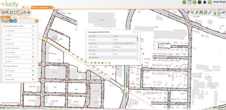 A screenshot of Lucity Web Map with streetlight data on it