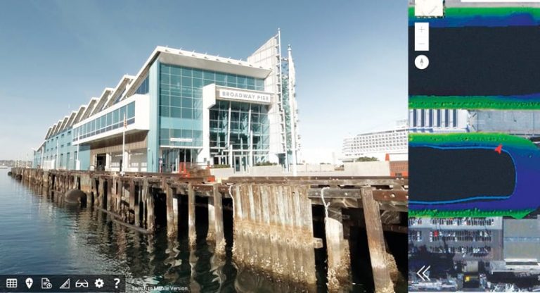 A photo of a pier next to a map of that area