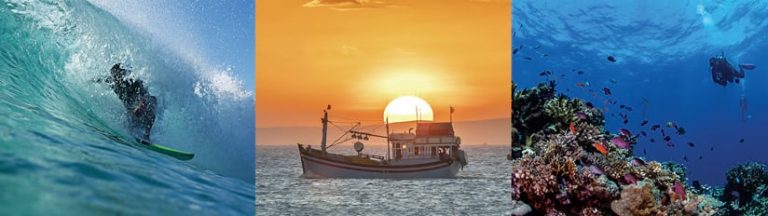 Three photos—one of a surfer in a wave, one of a small fishing boat at sunset, and one of a scuba diver looking at fish and coral