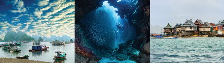 Three photos—one of boats on the water near some tall islands, one of a scuba diver surrounded by fish and coral, and one of some stilted houses on the water