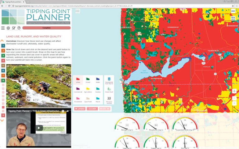 A screenshot of the Tipping Point Planner showing a map, a photo of a stream, and a video