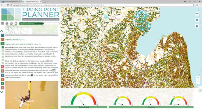 A map of all the streams around Saginaw Bay with a photo of an insect