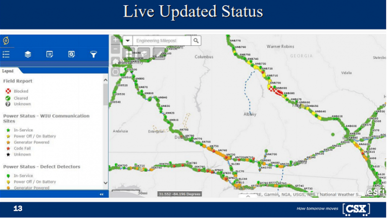 Smart map showing status of CSX rail lines after a storm
