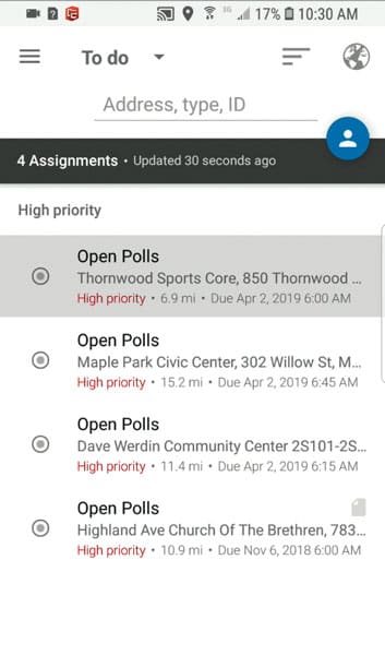 A screenshot of the Survey123 for ArcGIS app showing four assignments