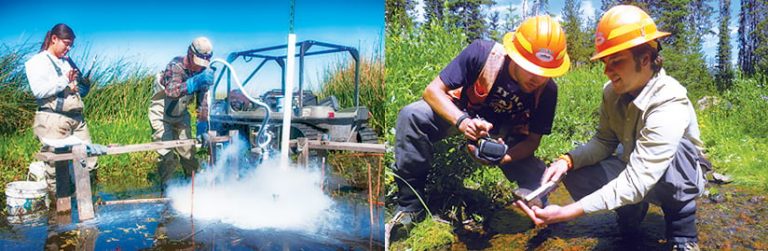 Two photos: one of BLM field staff using a piece of equipment in water and one of two BLM staff recording data about a rock