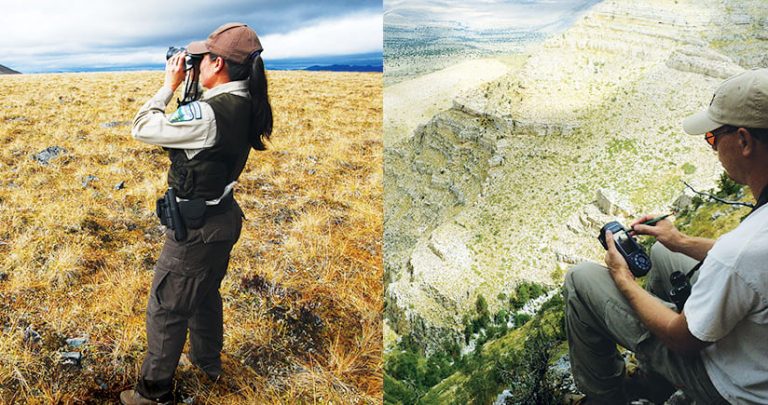 Two photos, one of a woman using binoculars in a field in Alaska and one of a man using a mobile device on a hill in New Mexico