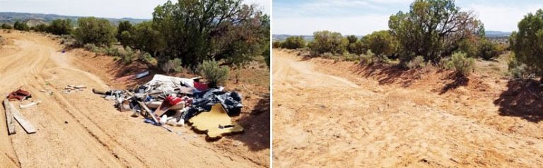 A photo of an illegal dumping site full of trash and a photo of it after the trash was removed