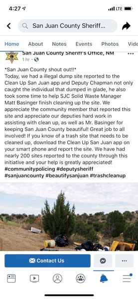 A screenshot of a Facebook post by the San Juan County Sheriff’s Office about how the app helped successfully clean up an illegal dumping site