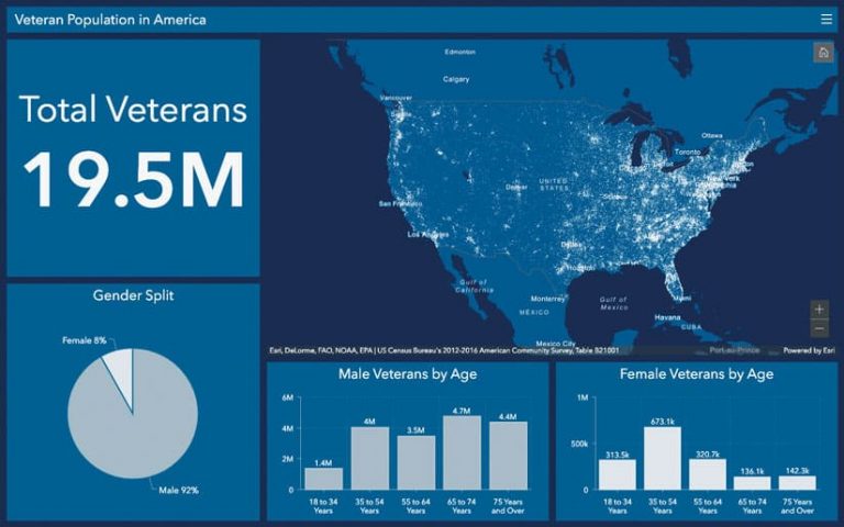 A screenshot of a dashboard with a dot density map showing 19.5 million veterans across the United States