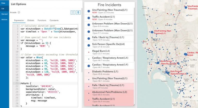 A dashboard showing fire incidents with ArcGIS Arcade code on the side