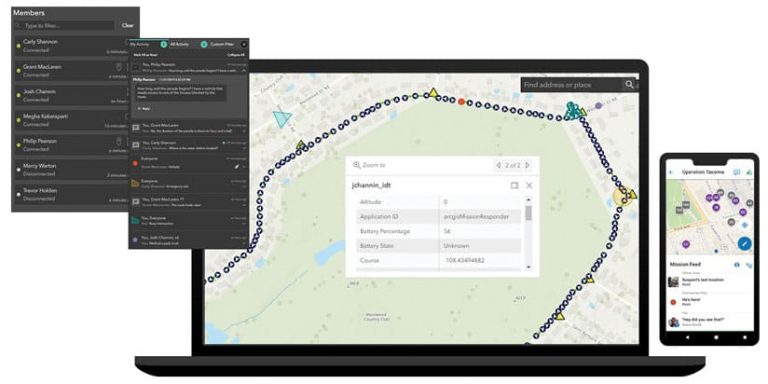 A laptop and three mobile device screens showing the ArcGIS Mission interface