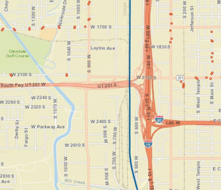 A map showing roads, freeways, and railroad lines in Salt Lake City, Utah