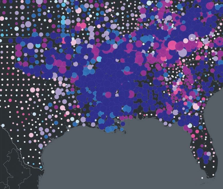 A map with purple, blue, and pink dots covering southern US states A map with purple, blue, and pink dots covering southern US states