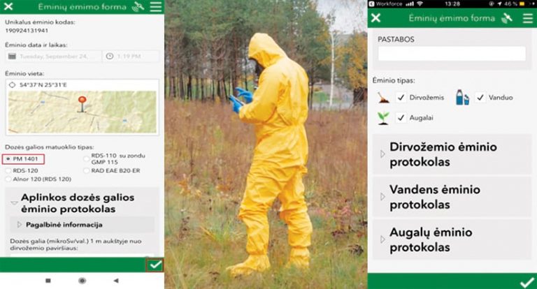 A photo of a man using a mobile device in a field accompanied by two screenshots of data gathering apps