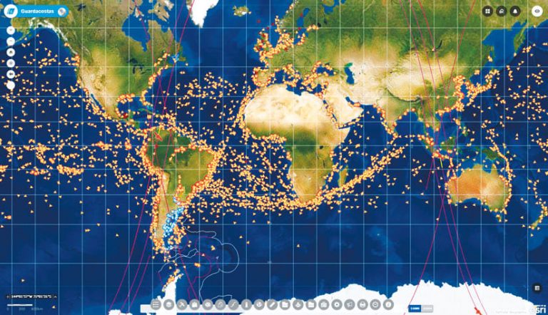 A map showing all the ships in the world that transmit their positions via the automatic identification system