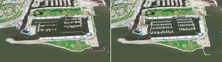 Two aerial images, one that shows what the damaged slips look like and one that shows what they will look like once the harbor is rebuilt Two aerial images, one that shows what the damaged slips look like and one that shows what they will look like once the harbor is rebuilt