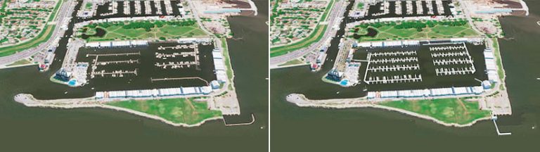 Two aerial images, one that shows what the damaged slips look like and one that shows what they will look like once the harbor is rebuilt