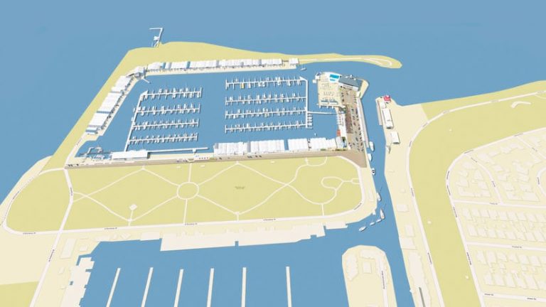 An aerial rendering of the rebuilt harbor overlaid on a basemap An aerial rendering of the rebuilt harbor overlaid on a basemap