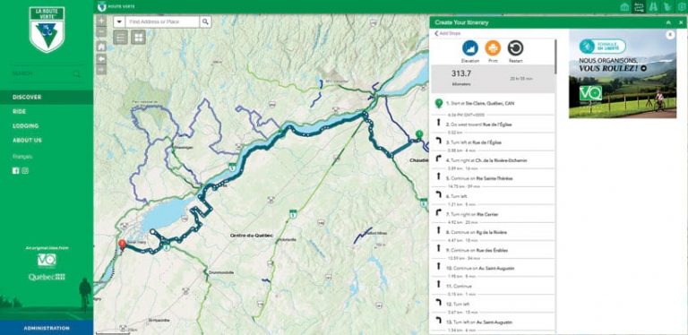 A screenshot of the Route Verte map alongside turn-by-turn directions