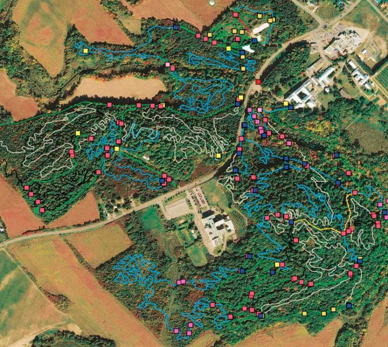 A map on satellite imagery of a mountain bike trail