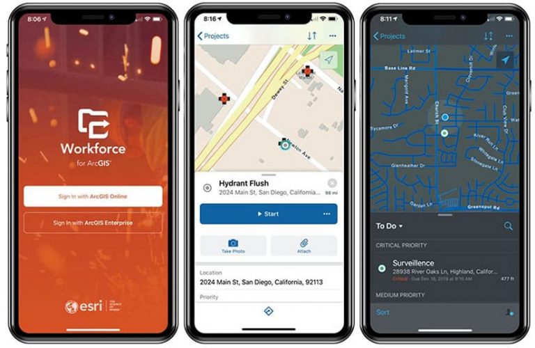 Three mobile devices showing different screenshots of the Workforce for ArcGIS mobile app