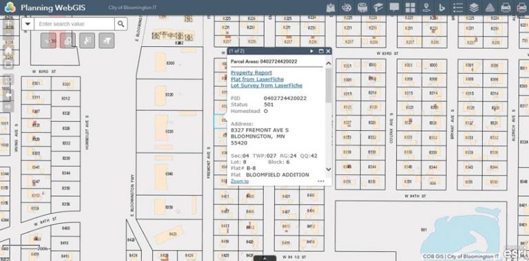 A screenshot of a map showing parcels with a pop-up window displaying data about one parcel