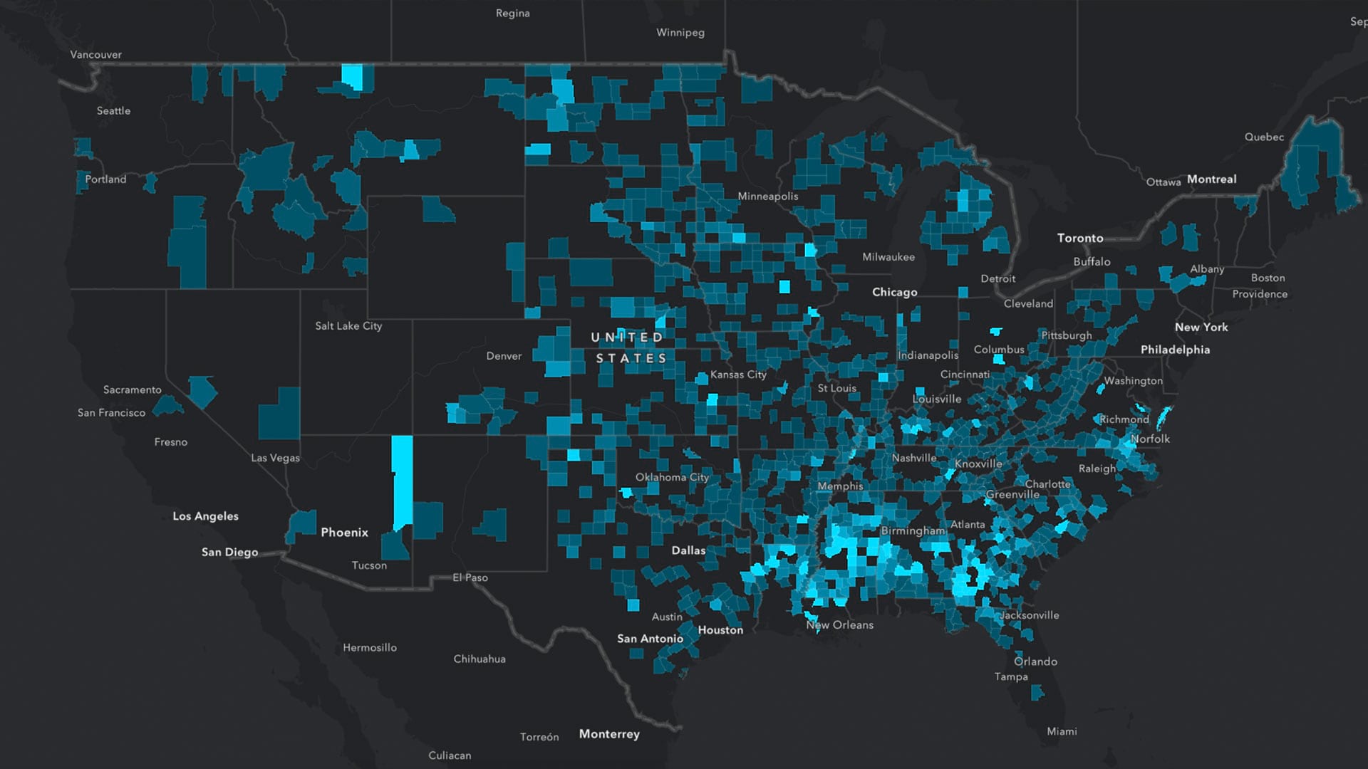 COVID-19 cases across the United States on a smart map