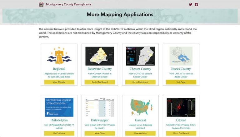 A screenshot of Montgomery County’s hub site that show card-like links to eight mapping apps, including maps that show case counts in several counties