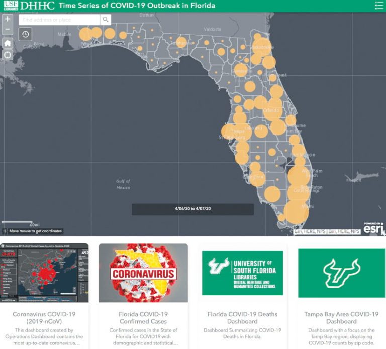 A screenshot of the University of South Florida’s hub site that shows a map of COVID-19 cases throughout the stats plus links to other data resources and dashboards