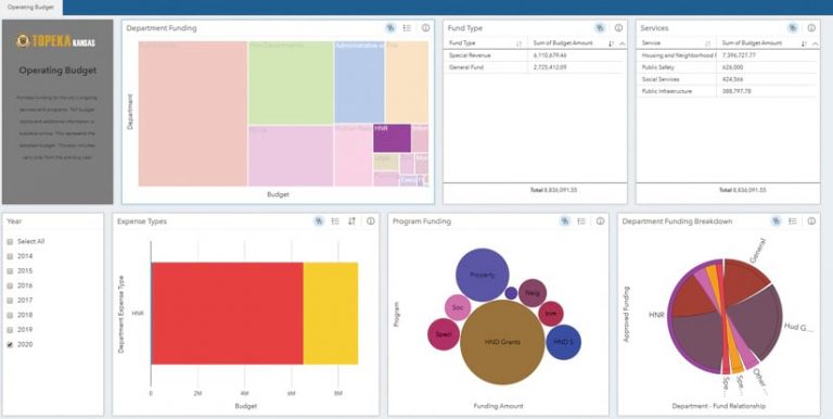 An ArcGIS Insights screenshot that shows various aspects of the city’s budget broken down using different types of charts