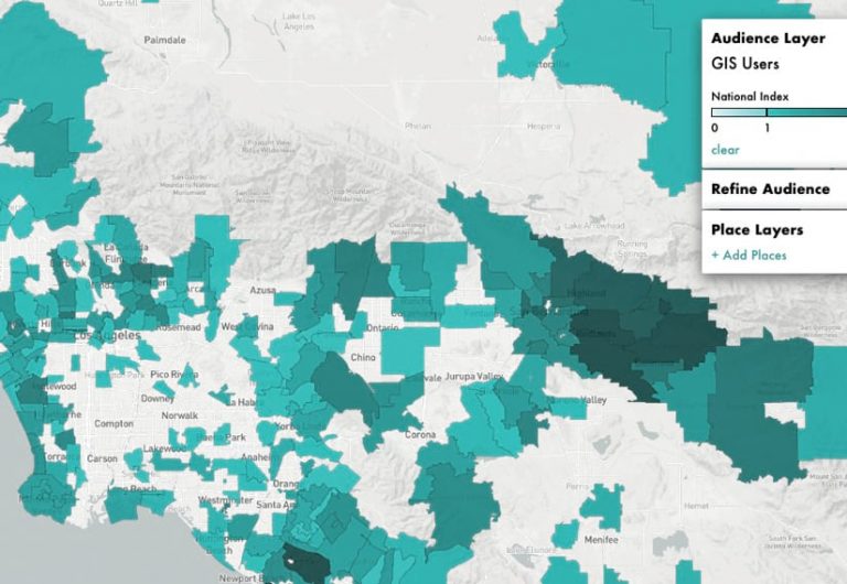 A map of GIS users in Southern California, with areas with lots of users in dark teal and areas with fewer users in light teal