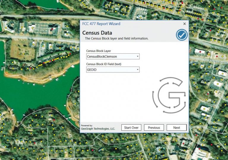 A satellite image with yellow dots on it indicated census blocks