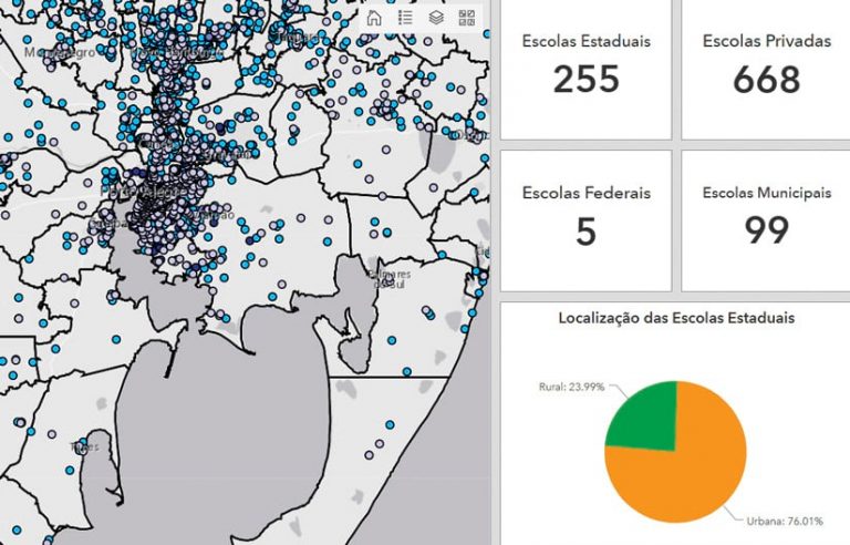 A screenshot of a dashboard that shows a map on the left and statistics about schools on the right