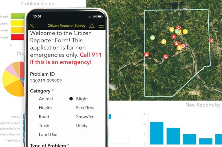 A phone with a Citizen Reporter Form on it in front of a related dashboard showing a map and graphs