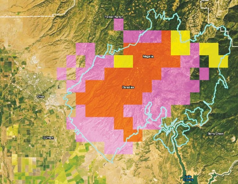 A satellite imagery-based map from DTN that has orange, pink, and yellow squares on it