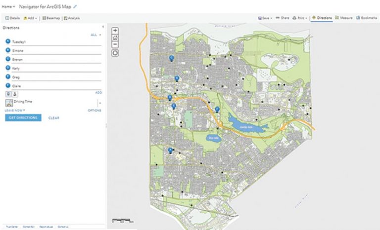 A screenshot of an ArcGIS Navigator map that shows a list of people’s names on the left and a map with six marked delivery stops on the right