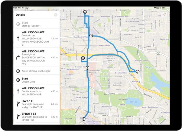 An iPad showing a screen with step-by-step driving directions on the left and a mapped-out route on the right