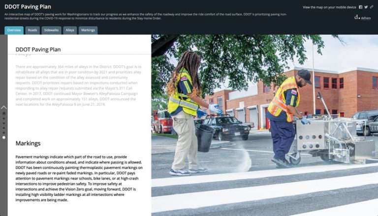 A screenshot of an ArcGIS StoryMaps app interface that shows, on the right, a photo of two people drawing lines on a city road and, on the left, and a summary of the DDOT Paving Plan