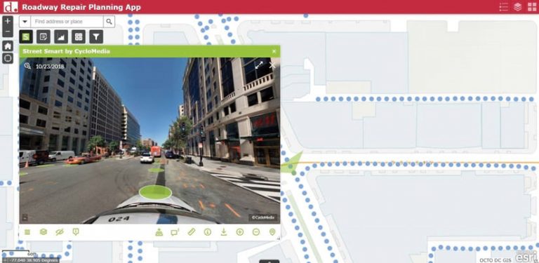 A screenshot of a map of streets that also shows street-level imagery from CycloMedia