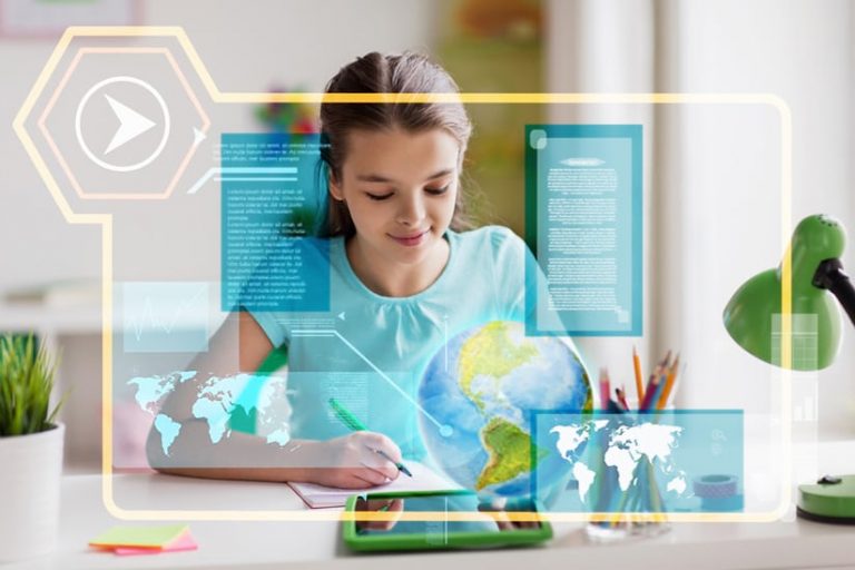 An image of a young girl working with a notebook and a mobile device while maps, a globe, and text float in front of her, insinuating lots of information An image of a young girl working with a notebook and a mobile device while maps, a globe, and text float in front of her, insinuating lots of information