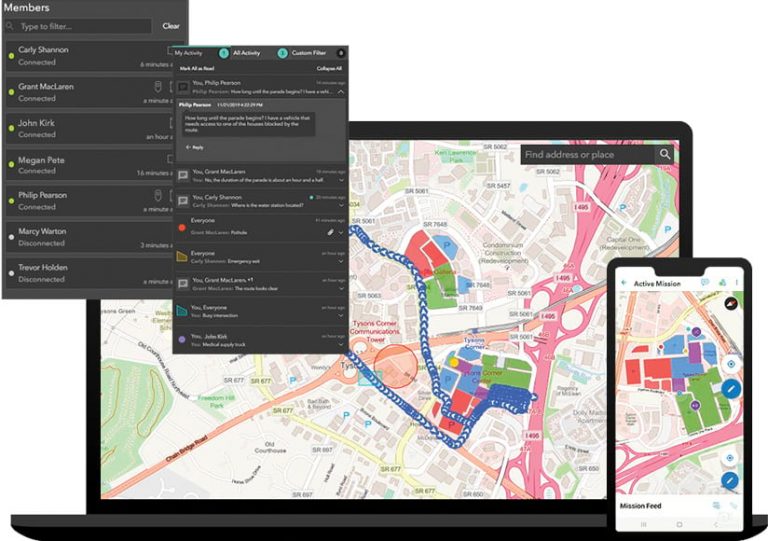 A compilation of four screenshots: two of a mobile device screen that shows team members and one person’s activity, a laptop screen that shows a map of someone’s location tracks, and a smartphone screen that shows a map