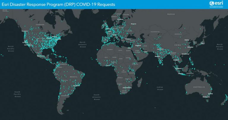 A dark-background world map with teal dots showing where requests to Esri’s Disaster Response Program have come in from