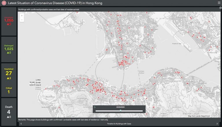 A dashboard that shows COVID-19 case numbers on the left and a large map of Hong Kong on the right with red dots on it that indicate the buildings that have recorded COVID-19 cases recently A dashboard that shows COVID-19 case numbers on the left and a large map of Hong Kong on the right with red dots on it that indicate the buildings that have recorded COVID-19 cases recently
