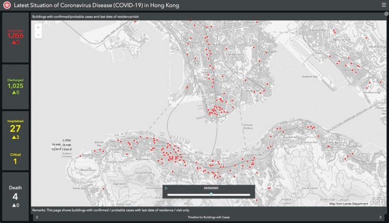 A dashboard that shows COVID-19 case numbers on the left and a large map of Hong Kong on the right with red dots on it that indicate the buildings that have recorded COVID-19 cases recently